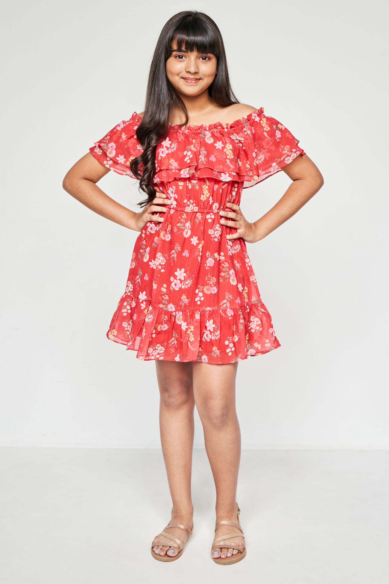 Pretty Blooms Off-The-Shoulder Dress, Red, image 3